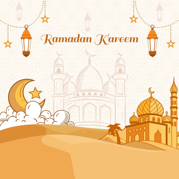 Ramadan Kareem plantilla de publicación de redes sociales con mezquita en el desierto diseño plano dibujado a mano