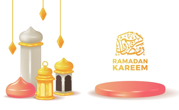 Ramadán kareem con podio con ilustración 3d de la mezquita de la torre con plantilla de caligrafía árabe