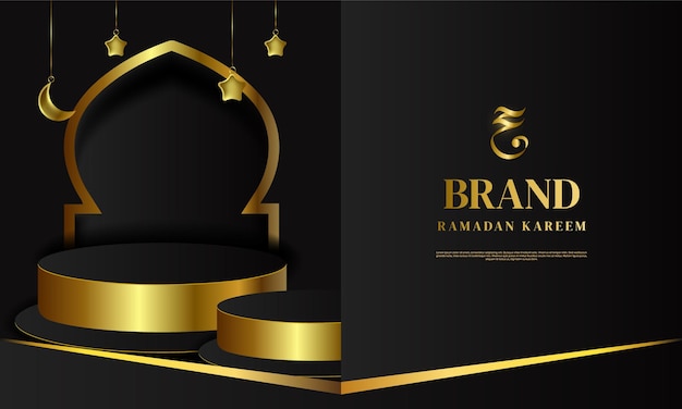 Ramadan kareem podio de lujo elegante tarjeta de felicitación dorada con elemento de escenario