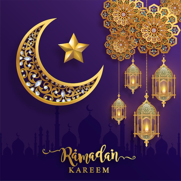 Ramadan Kareem, Ramadhan o Eid mubarak por musulmanes saludando fondo islámico con motivos dorados y cristales sobre fondo de color de papel. (Traducción: Ramadan Kareem)