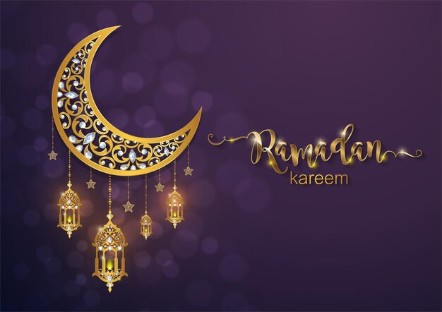 Vector ramadan kareem, ramadhan o eid mubarak por musulmanes saludando fondo islámico con motivos dorados y cristales sobre fondo de color de papel. (traducción: ramadan kareem)