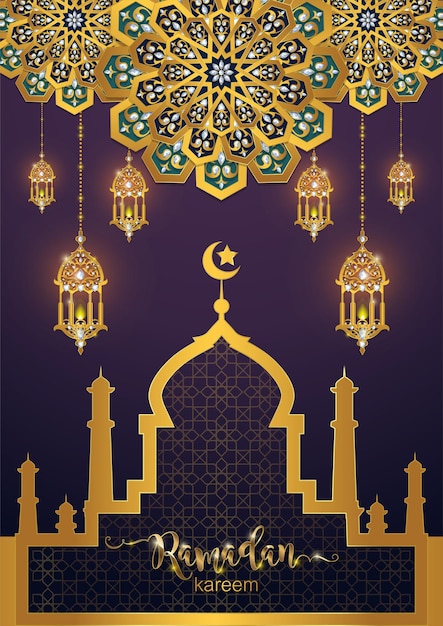 Ramadán Kareem Ramadhan o Eid mubarak por musulmanes saludando fondo islámico con motivos dorados y cristales sobre fondo de color de papel Traducción Ramadan Kareem