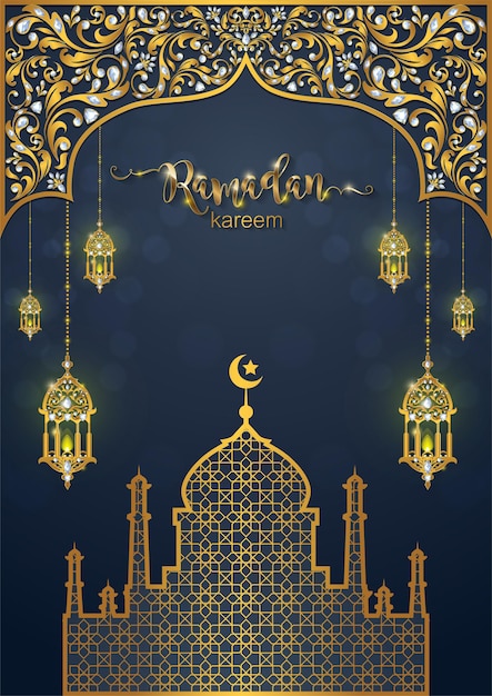 Ramadán kareem ramadhan o eid mubarak por musulmanes saludando fondo islámico con motivos dorados y cristales sobre fondo de color de papel traducción ramadan kareem