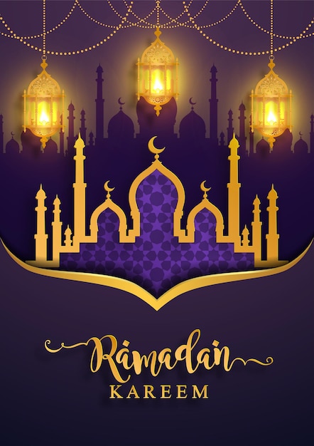 Ramadán Kareem Ramadhan o Eid mubarak por musulmanes saludando fondo islámico con motivos dorados y cristales sobre fondo de color de papel Traducción Ramadan Kareem