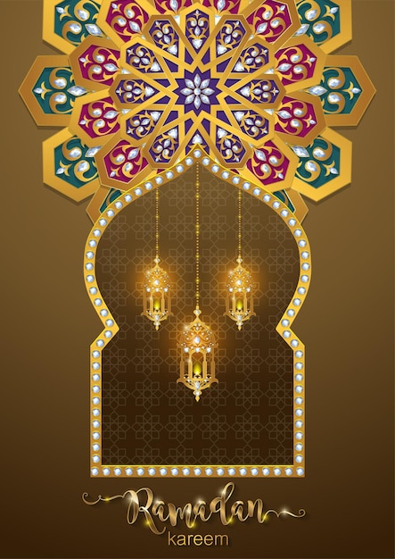 Ramadán Kareem Ramadhan o Eid mubarak por musulmanes saludando fondo islámico con motivos dorados y cristales sobre fondo de color de papel Traducción Ramadan Kareem