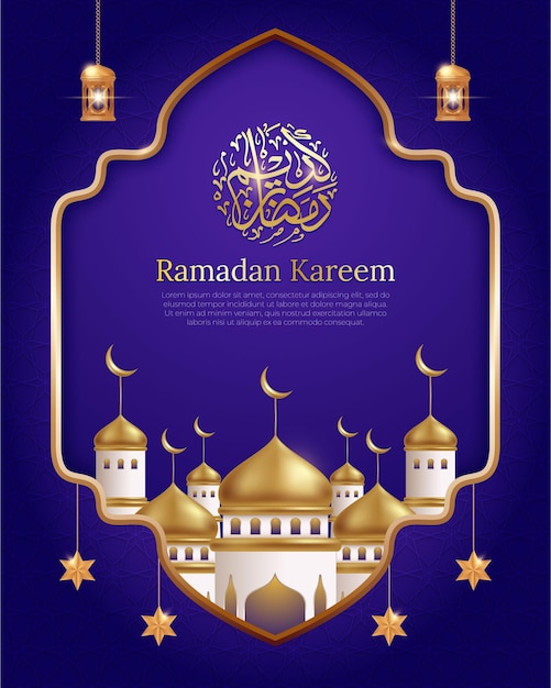 Ramadán kareem realista con linterna de mezquita dorada y caligrafía árabe