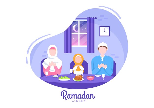 Ramadan kareem rompiendo el ayuno iftar o sahur en la ilustración de fondo para la religión islámica