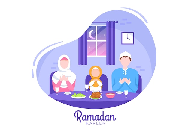 Ramadan kareem rompiendo el ayuno iftar o sahur en la ilustración de fondo para la religión islámica