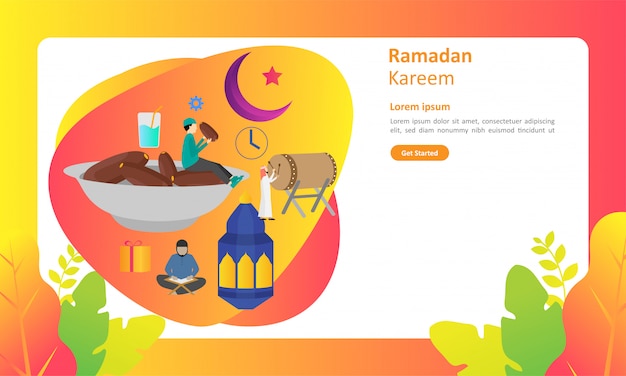 Vector ramadán kareem saludo diseño plano con carácter de personas