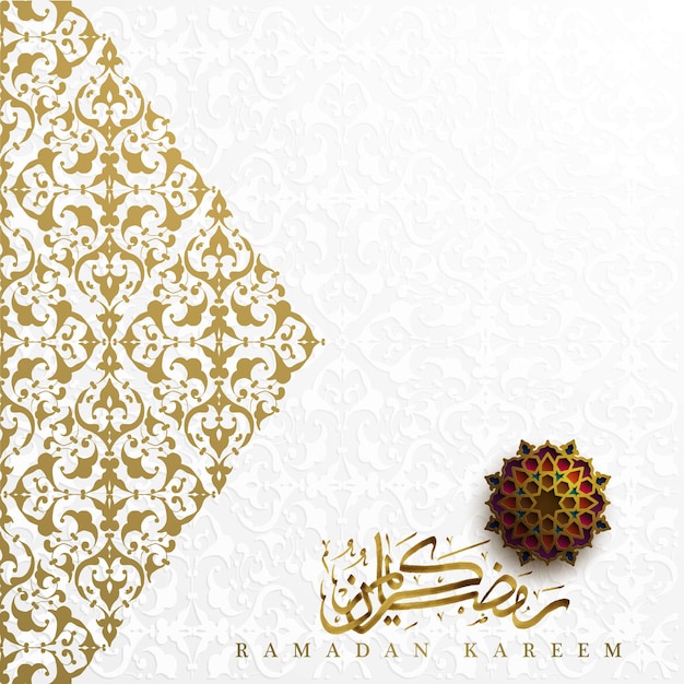 Ramadán Kareem Tarjeta de felicitación Diseño de vector de patrón floral islámico con caligrafía árabe de oro brillante
