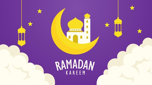 Ramadán Kareem tarjeta de felicitación fondo linda mezquita púrpura en la luna y la nube mes de ayuno islámico