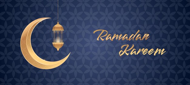 Ramadán Kareem tarjeta de felicitación islámica fondo ilustración vectorial luna dorada y lámpara diseño plantilla ilustración con linterna dorada realista 3D
