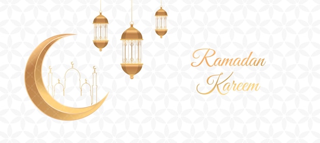 Ramadán Kareem tarjeta de felicitación islámica fondo ilustración vectorial luna dorada y lámpara diseño plantilla ilustración con linterna dorada realista 3D