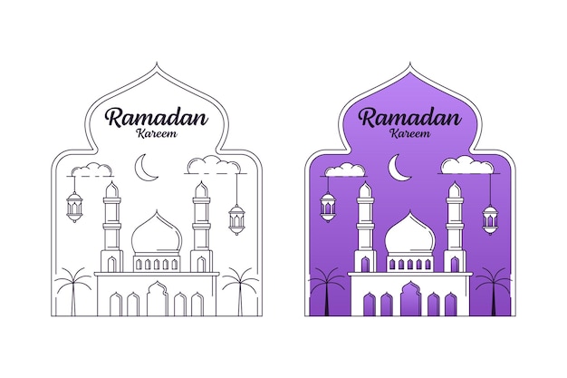 Ramadán kareem vector diseño ilustración monoline o line art estilo mezquita linterna luna nube