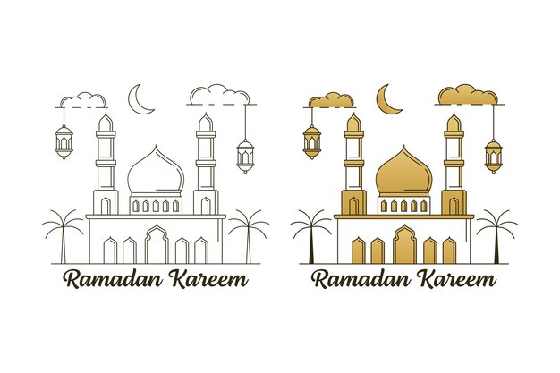 Ramadán kareem vector diseño ilustración monoline o line art estilo mezquita linterna luna nube