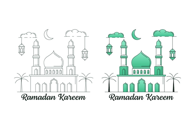 Ramadán kareem vector diseño ilustración monoline o line art estilo mezquita linterna luna nube