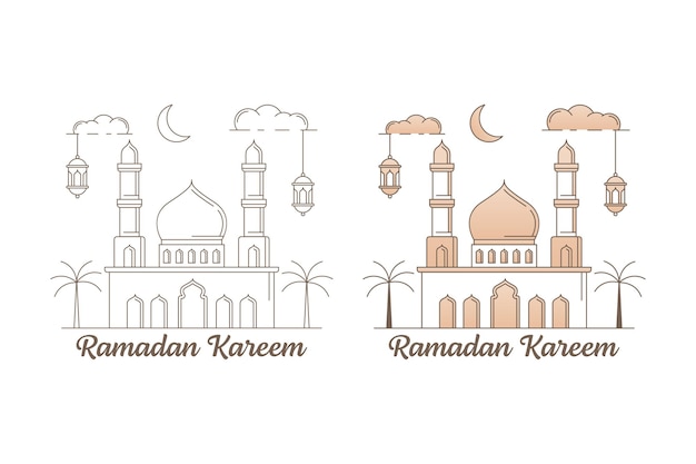 Ramadán kareem vector diseño ilustración monoline o line art estilo mezquita linterna luna