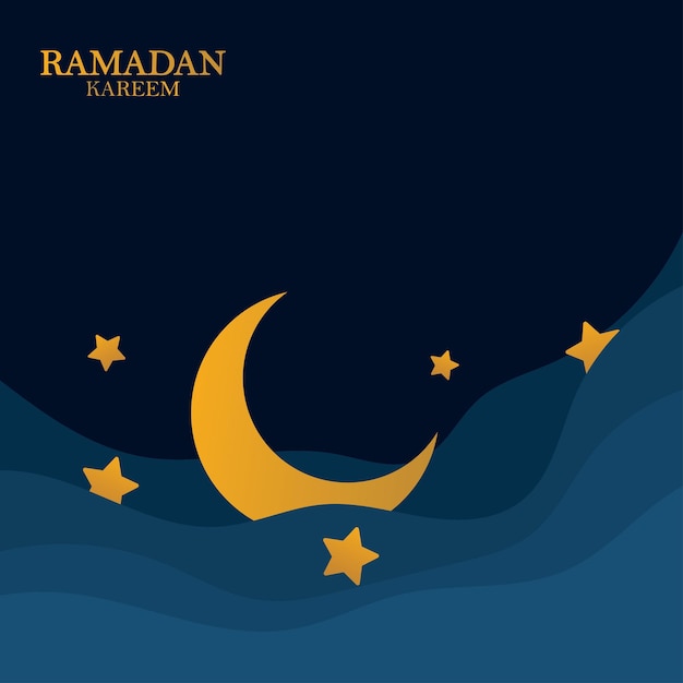 Ramadan Kareem vector fondo de papel cortado en 3d ondas y estrellas en la plantilla del cielo nocturno con luna dorada