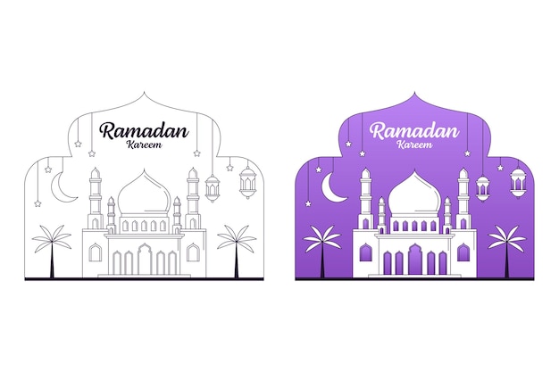 Ramadán kareem vector ilustración monoline o line art estilo mezquita linterna luna