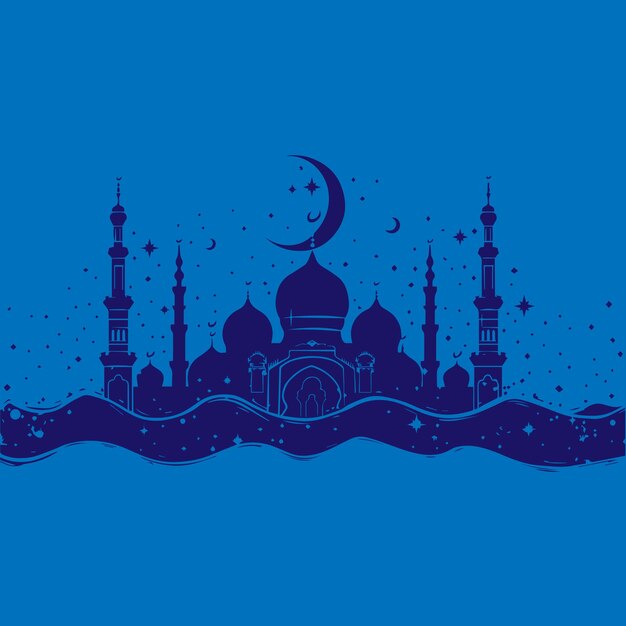 Ramadán Kareem Vector Masjid en un fondo azul