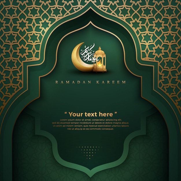 Ramadán kareem verde con linternas y luna creciente