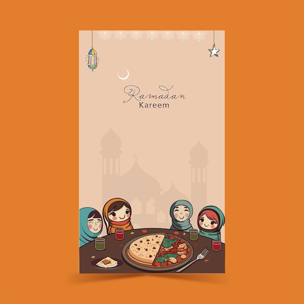 Vector ramadan kareem vertical banner design con alegres niñas musulmanas disfrutando de deliciosas comidas en la mesa de comedor