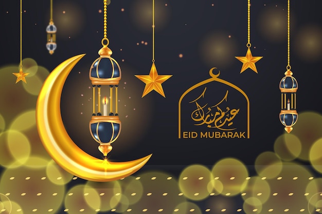 Ramadán Karim eid Mubarak fondo de saludo islámico de lujo con linterna dorada y estrellas