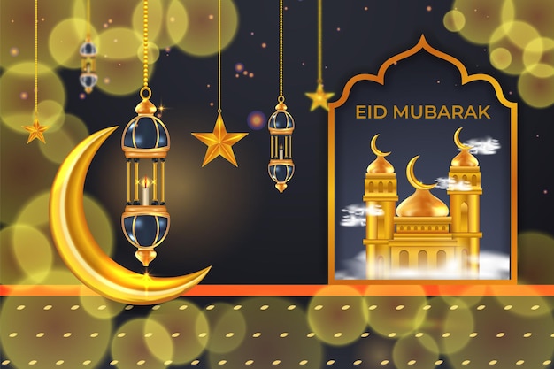 Ramadán karim eid mubarak fondo de saludo islámico de lujo con linterna dorada y estrellas