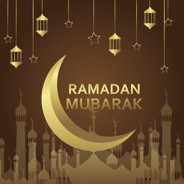 Ramadan Karim Escritura en inglés y gradiente Ilustración vectorial de la mezquita de color dorado