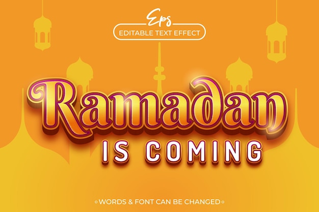 Vector ramadan está llegando plantilla de efecto de texto editable