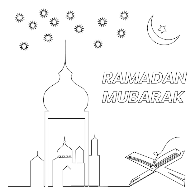 Ramadan Mubarak diseño y ilustración vectorial de dibujo artístico continuo de una línea