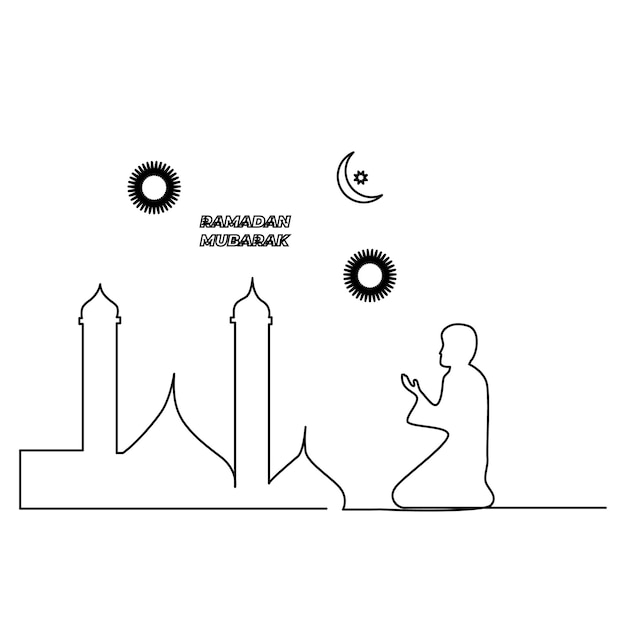 Ramadan Mubarak diseño y ilustración vectorial de dibujo artístico continuo de una línea