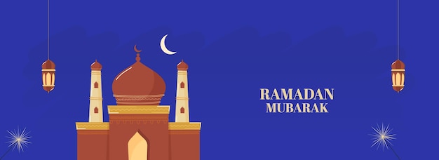 Vector ramadan mubarak header o banner diseño con mezquita y linternas árabes colgar en fondo azul