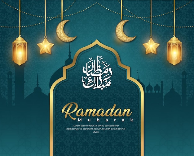 Vector ramadán mubarak luna media luna dorada con una linterna de ramadán realista