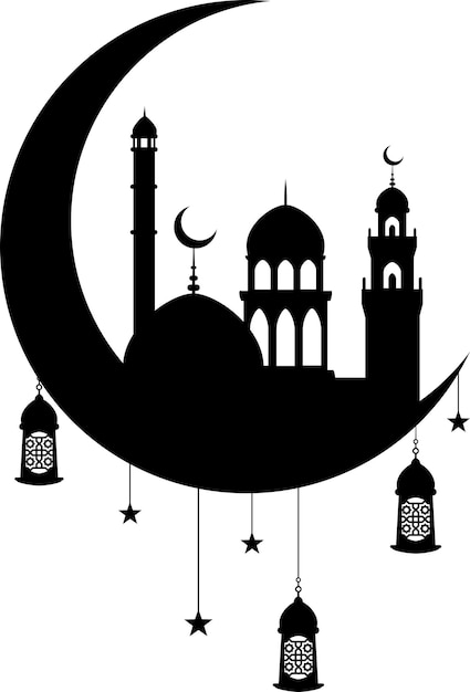 Ramadán mubarak tarjeta de felicitación luna creciente con silueta de mezquita