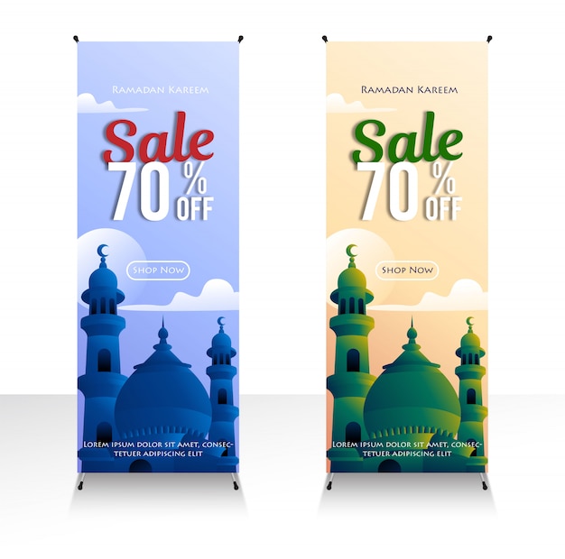 Ramadán rebajas banners de descuento con mezquita. Promociones y plantillas de compras o para el mes de Ramadán y Eid