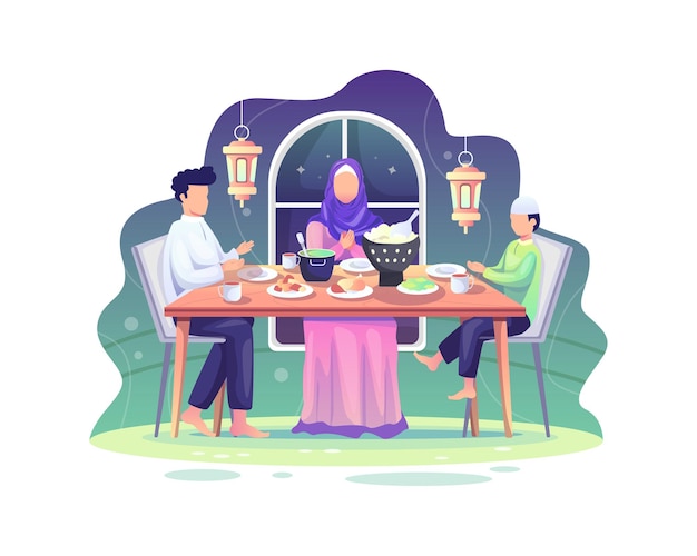 Ramadán Sahur y fiesta iftar, comer juntos con la familia musulmana, ilustración de ayuno de Ramadán