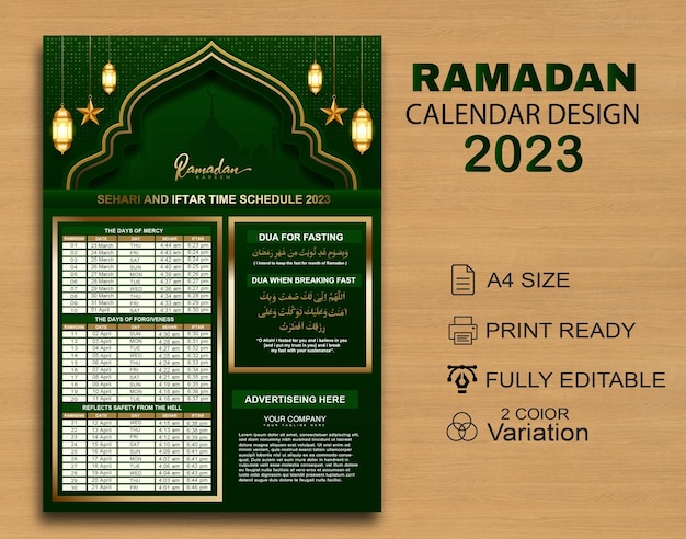 Ramadán Sehri Iftar Plantilla de calendario de tiempo, Diseño de calendario musulmán islámico Hijri 2023