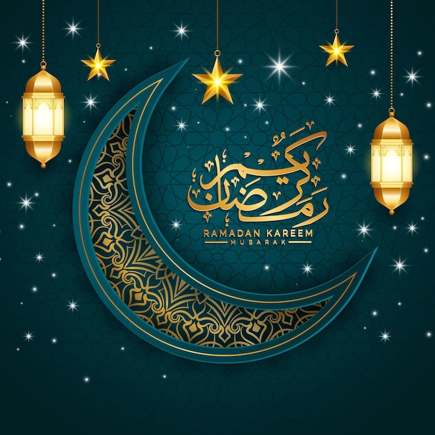 Ramadán tarjeta de felicitación luna creciente fondo islámico con eid mubarak ilustración