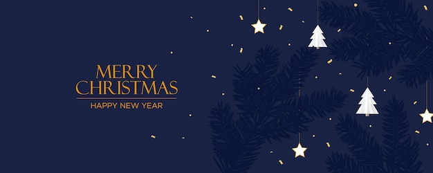 Ramas de abeto azul con juguetes de Navidad y chispas Feliz Navidad y Feliz Año Nuevo