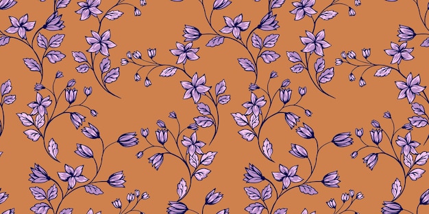 Ramas abstractas artísticas con pequeñas flores campanas y hojas entrelazadas en un patrón sin costuras