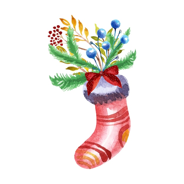 Ramas de acuarela con bayas y hojas de coníferas en una bota de Navidad.