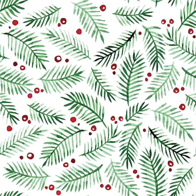 ramas de acuarela de patrones sin fisuras de Navidad de un árbol de Navidad y bayas rojas sobre un fondo blanco
