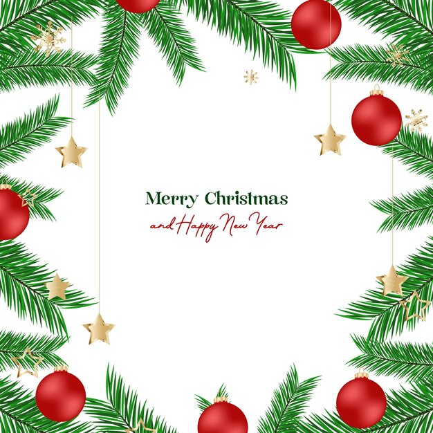 ramas de árbol de Navidad fondo con bolas de Navidad marco y decoración de estrellas de oro