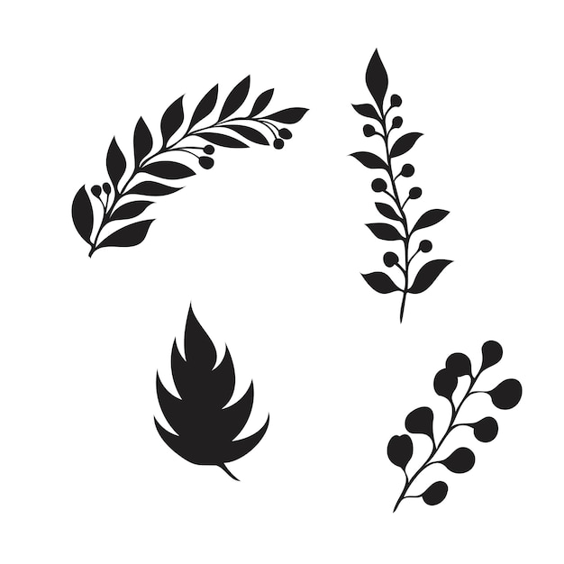 Ramas de los árboles dibujados a mano con hojas conjunto silueta de vector de rama de hoja
