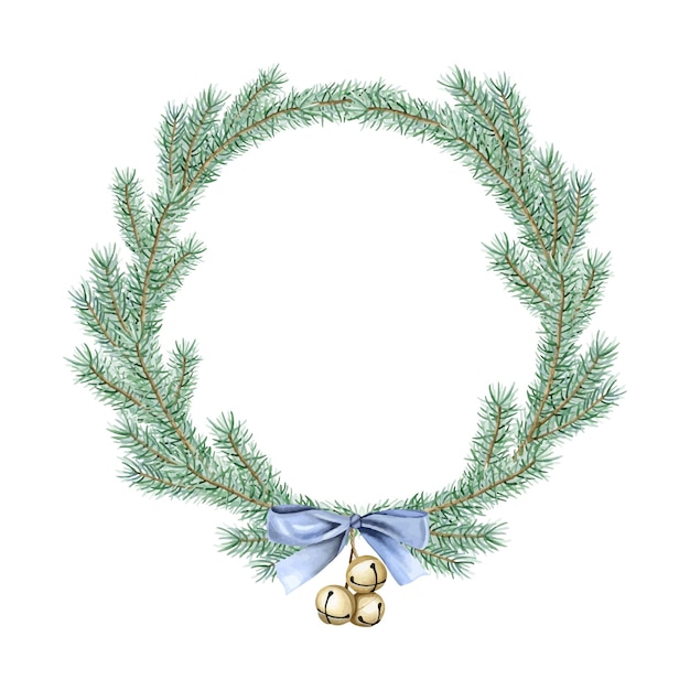 Ramas de árboles de Navidad con arco azul y campanas de jingle marco de corona redonda ilustración de acuarela