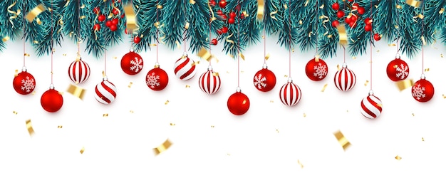 Ramas de los árboles de Navidad con bayas de acebo y bolas de Navidad