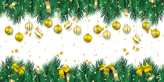 Ramas de los árboles de Navidad y bola de oro de Navidad