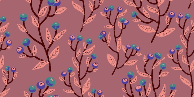 Ramas con bayas textura acogedora adorno de color Vector patrón sin costuras