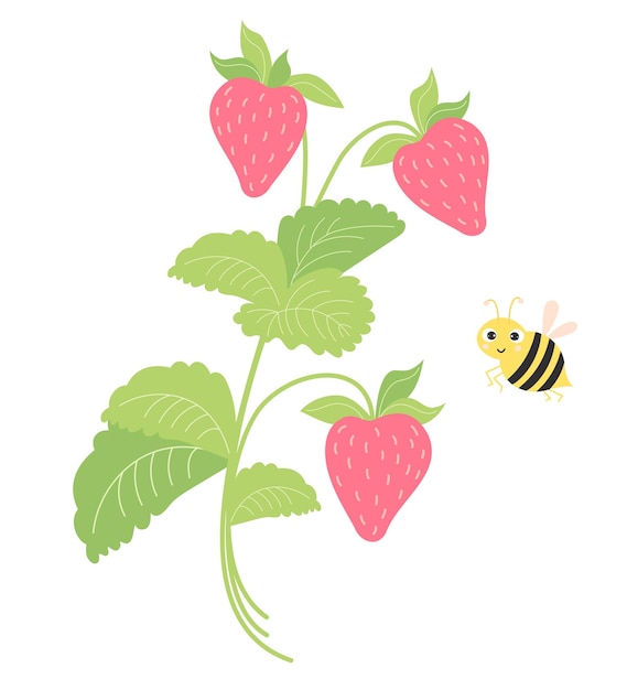 Ramas de bayas de verano de fresas con frutas y linda abeja Ilustración vectorial